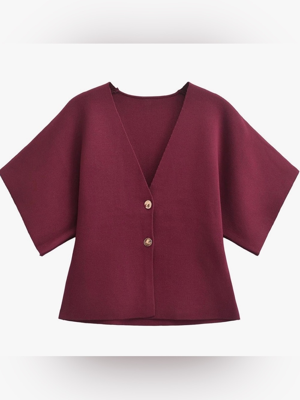Wine Red Short-Sleeve Knit Shirt with Button Detail
